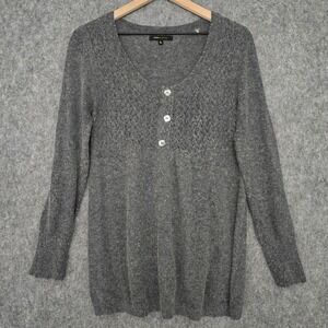 BCBG MAX AZRIA Sweater Womens XL Gray Wool Angora Open Knit Henley Tunic Tie